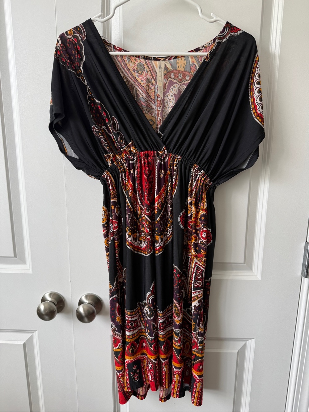 Cristinalove Black Midi Dress with Red and Gold Paisley